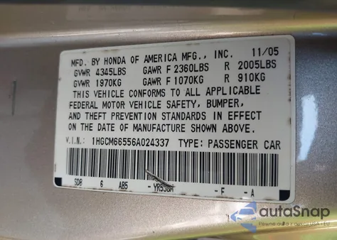 2006 Honda Accord Sdn Ex-L V6 z USA, uszkodzony, nr VIN 1HGCM66556A024337